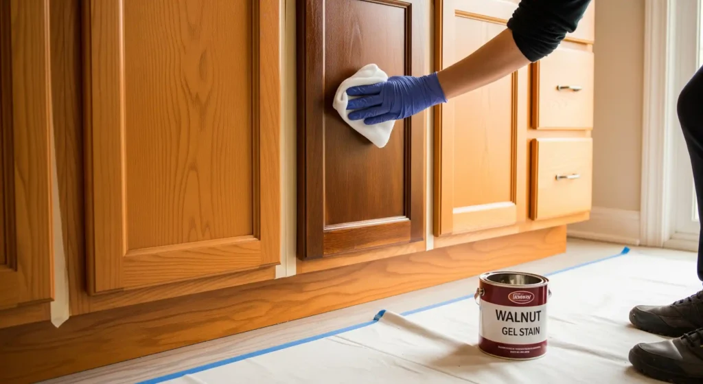 Using Wood Stain to tone down orange oak cabinets